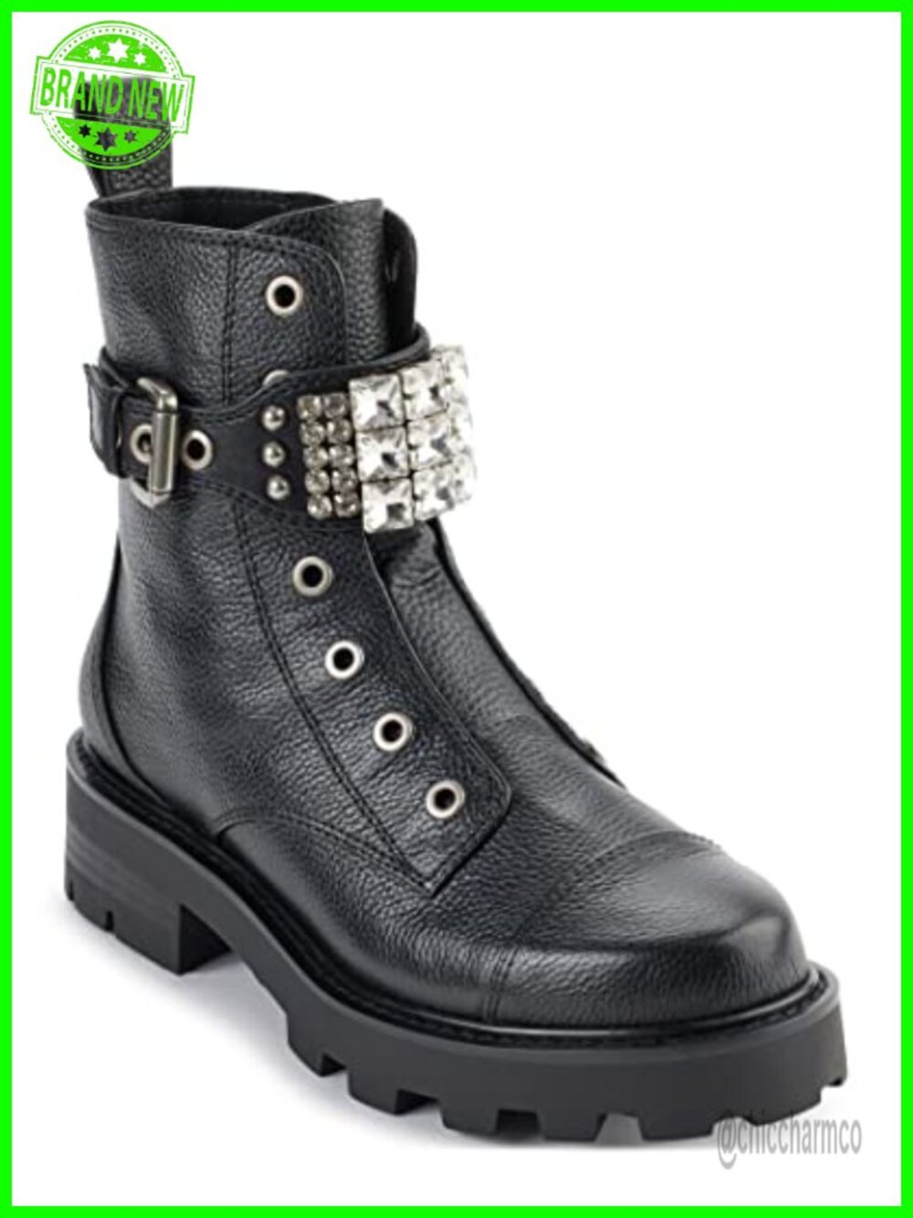 Womens Leather Lug Sole Combat Boot Crystal Detail Ankle Booties